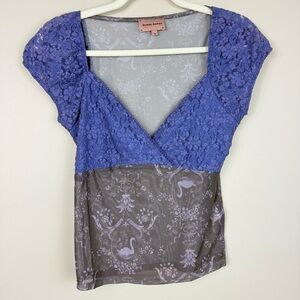 Romeo Romeo Top Womens Medium Floral V-Neck Lace Mesh Babydoll Croquet Purple